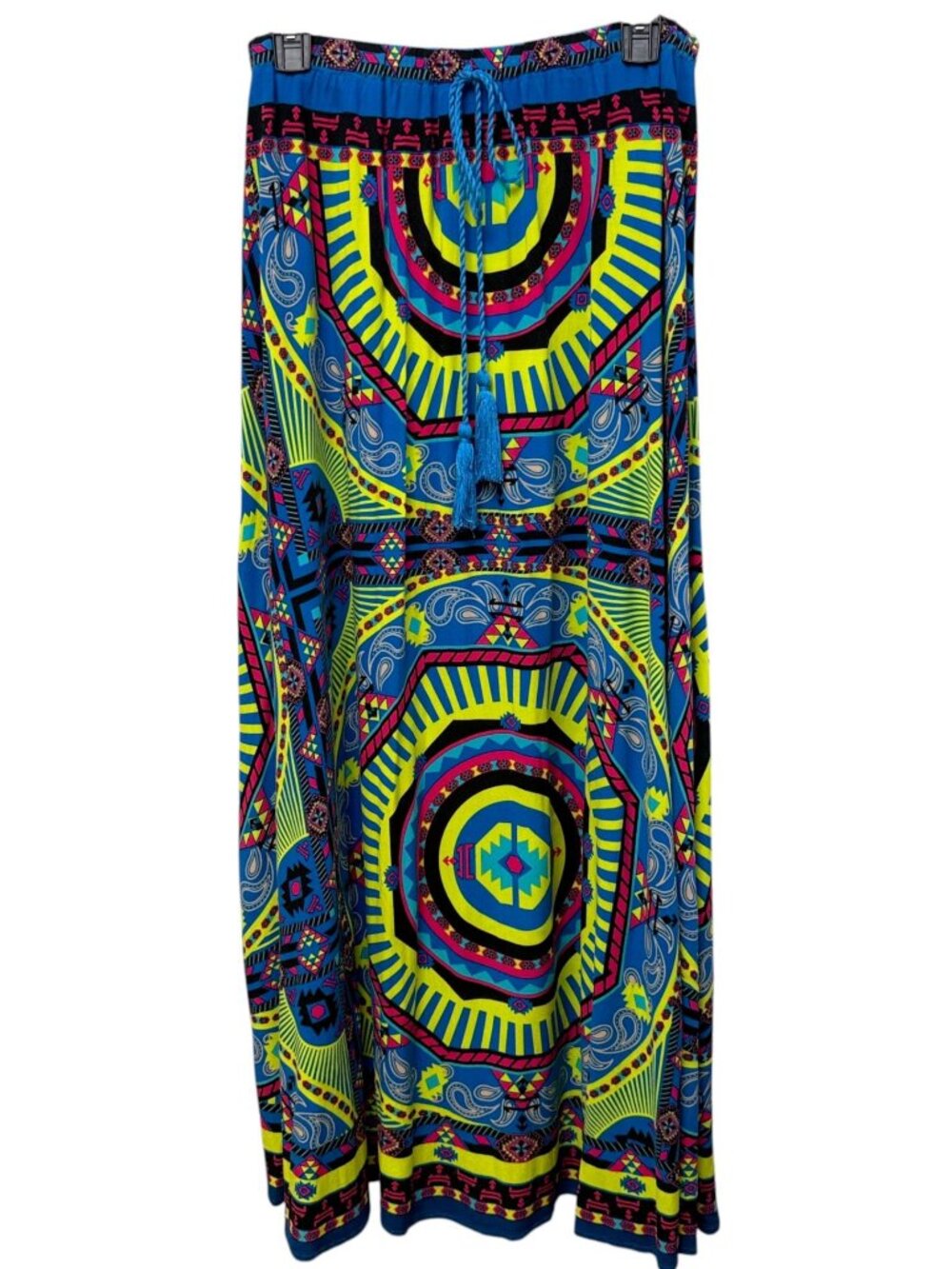 Flying Tomato Maxi Skirt Size Medium Boho Blue Aztec Print Rayon A Line Pull on